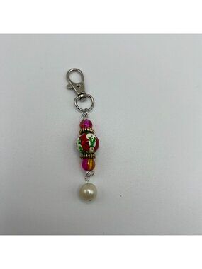 Colorful Beaded Keychain With Festive Snowman Design And Pearl Accent